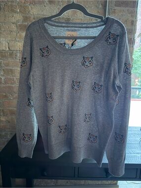 Chaser Gray Crewneck Sweater with Embroidered Tiger Faces